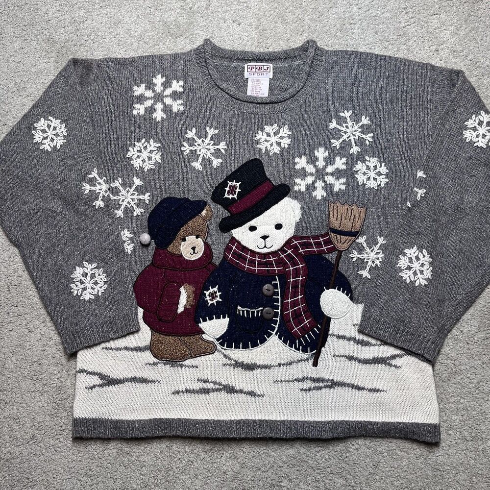 VTG PBJ Sport Christmas Snowman Sweater Women’s Medium Bear Snowflake Grandma
